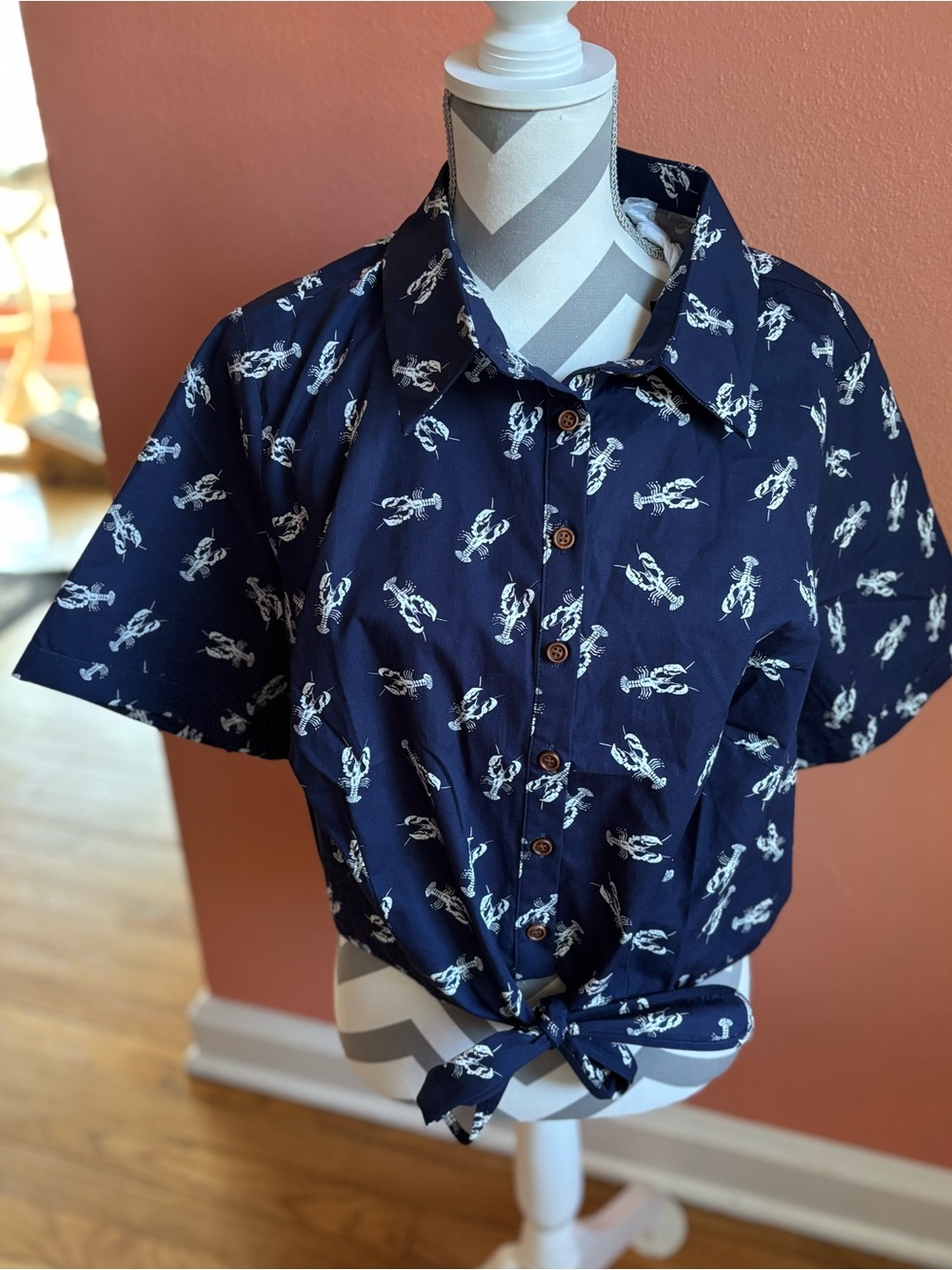 Navy Lobster Print Tie-Front Men's Shirt